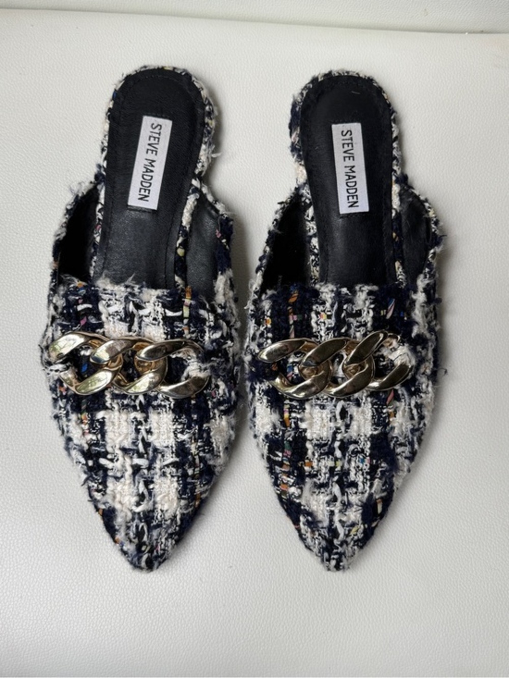 Steve Madden Black & White Tweed Pointed Mules with Gold Chain